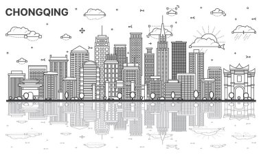 Chongqing China City Skyline 'ın ana hatlarıyla modern binalar ve beyaza izole edilmiş yansımalar. Vektör İllüstrasyonu. Tarihi İşaretli Chongqing Şehir Manzarası.