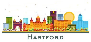 Hartford USA City Skyline ve Color Buildings beyaza izole edilmiş. Vektör İllüstrasyonu. Tarihi Mimariyle İş Seyahati ve Turizm Konsepti. Hartford şehir simgeleriyle.