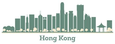 Hong Kong şehrinin silueti renkli binalarla dolu. Vektör çizimi. Tarihi işaretli şehir manzarası.