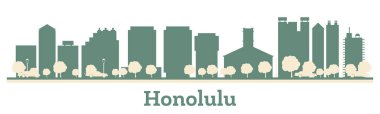 Honolulu Hawaii şehrinin silueti renkli binalarla dolu. Vektör çizimi. Tarihi işaretli şehir manzarası.
