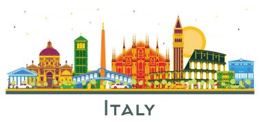 Beyaz arka planda izole edilmiş renkli simgeleri olan İtalya Şehri Skyline 'ı. Vektör İllüstrasyonu. Tarihi Mimariyle İş Seyahati ve Turizm Konsepti. Şehir simgeleriyle İtalya.