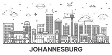 Johannesburg Güney Afrika Şehri Skyline 'ın ana hatlarıyla Modern ve Tarihi Binalar beyaza izole edilmiştir. Vektör İllüstrasyonu. Johannesburg Şehir Manzarası.
