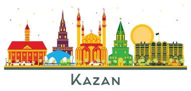 Beyaz renkli binaları olan Kazan Rusya 'nın Skyline kenti. Vektör İllüstrasyonu. Tarihi Mimariyle İş Seyahati ve Turizm Konsepti. Tarihi yerleri olan Kazan şehri..