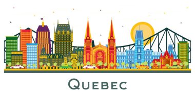 Quebec Kanada 'nın Skyline şehrinde beyaz renkli binalar izole edildi. Vektör İllüstrasyonu. Tarihi Mimariyle İş Seyahati ve Turizm Konsepti. Quebec şehir simgeleriyle.