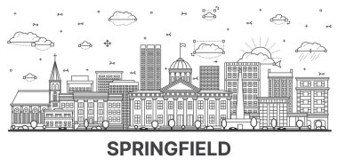 Springfield Illinois City Skyline 'ın ana hatlarıyla Modern ve Tarihi Binalar beyaza izole edildi. Vektör İllüstrasyonu. Springfield ABD Kent Simgeleriyle.