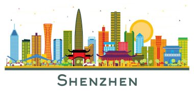 Shenzhen Çin şehir manzarası ile renk üzerine beyaz izole binalar. Vektör çizim. İş seyahat ve Turizm kavramı Modern mimariye sahip. Shenzhen Cityscape yerler ile.