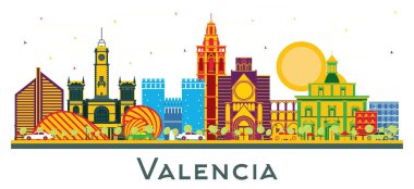 Valencia İspanya şehir manzarası ile renk üzerine beyaz izole binalar. Vektör çizim. İş seyahat ve Turizm kavramı tarihi mimarisi ile. Valencia Cityscape yerler ile.