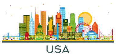 Beyaz renkli gökdelenleri ve şehir simgeleri olan USA Skyline. Vektör İllüstrasyonu. Modern Mimariyle İş Seyahati ve Turizm Konsepti.