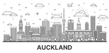 Beyaz üzerine izole edilmiş modern ve tarihi binalarla Auckland Yeni Zelanda şehir silueti. Vektör çizimi. Auckland şehir simgeleriyle.
