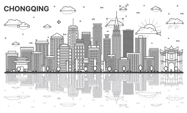 Chongqing China City Skyline 'ın ana hatlarıyla modern binalar ve beyaza izole edilmiş yansımalar. Vektör İllüstrasyonu. Tarihi İşaretli Chongqing Şehir Manzarası.