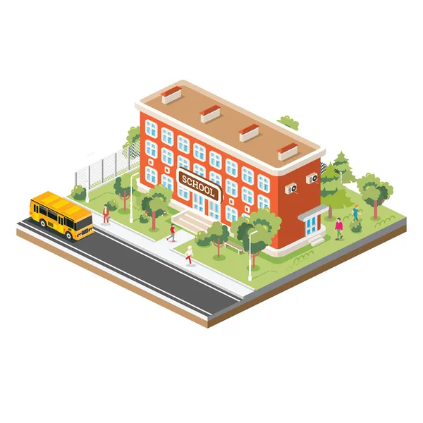 Izometrická Školní Budova Žlutým Autobusem Izolované Bílém Pozadí Vektorová Ilustrace — Stockový vektor