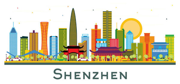 Shenzhen China City Skyline with Color Buildings isolated on white. Vector Illustration. Business Travel and Tourism Concept with Modern Architecture. Shenzhen Cityscape with Landmarks.