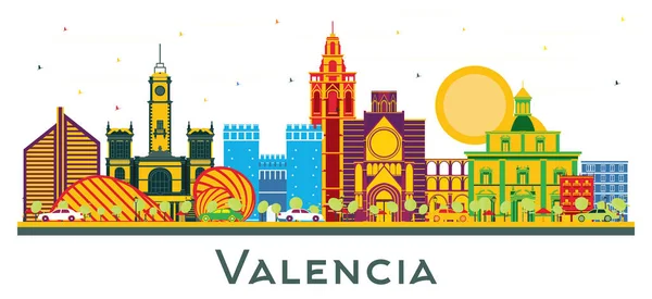 Valencia Spanien City Skyline Mit Farbigen Gebäuden Isoliert Auf Weiß — Stockvektor