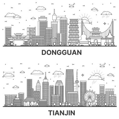 Tianjin ve Dongguan China City Skyline Set 'in ana hatlarıyla tarih ve modern binalar beyaza izole edilmiştir. Yer İmlerine sahip şehir manzarası.