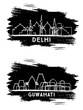 Guwahati ve Delhi India City Skyline Silhouette Set. El çizimi çizimi. Modern Mimariyle İş Seyahatleri ve Turizm Konsepti. Yer İmlerine sahip şehir manzarası.