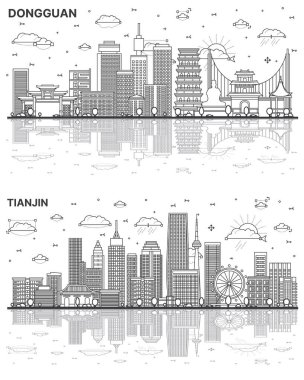 Tianjin ve Dongguan Çin 'in Skyline seti Modern Binalar ve Yansımalar Beyazın Üzerinde İzole Edildi. Yer İmlerine sahip şehir manzarası.