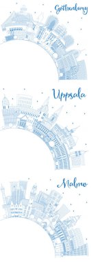 Ana hatlarıyla Uppsala, Malmö ve Göteborg City Skyline Set ve Blue Buildings ve Copy Space. Şehir simgeleriyle dolu. Tarihi Mimariyle İş Seyahati ve Turizm Konsepti.