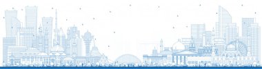 Outline Welcome to Kazakhstan. City Skyline with Blue Buildings. Vector Illustration. Concept with Modern Architecture. Kazakhstan Cityscape with Landmarks. Nur-Sultan and Almaty.