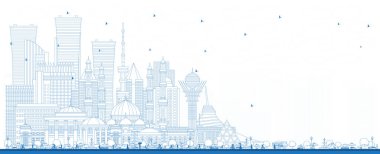 Outline Welcome to Kazakhstan. City Skyline with Blue Buildings. Vector Illustration. Concept with Modern Architecture. Kazakhstan Cityscape with Landmarks. Nur-Sultan and Almaty.