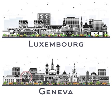 Cenevre İsviçre ve Lüksemburg Şehri Skyline Set ve Beyaz Renkli Binalar. Şehir simgeleriyle dolu. Tarihi Mimariyle İş Seyahati ve Turizm Konsepti.