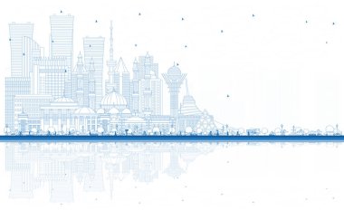 Outline Welcome to Kazakhstan. City Skyline with Blue Buildings and Reflections. Vector Illustration. Concept with Modern Architecture. Kazakhstan Cityscape with Landmarks. Nur-Sultan and Almaty.