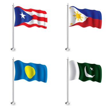 Palau, Filipin, Pakistanlı ve Porto Riko Bayrakları. Bayrak direğinde İzole Gerçekçi Dalga Bayrağı.