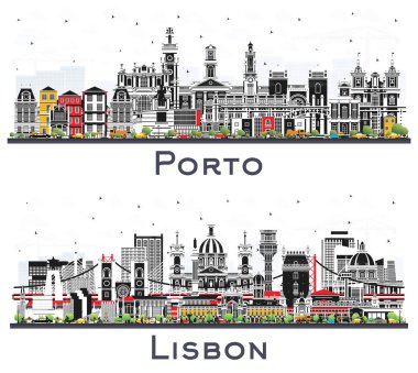 Lizbon ve Porto Portekiz City Skyline Set ve Whte 'de izole edilmiş Renk Binaları. Yer İmlerine sahip şehir manzarası