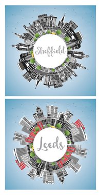 Leeds ve Sheffield UK City Skyline Set Renkli Binalar, Mavi Gökyüzü ve Kopya Uzay. Şehir simgeleriyle dolu. Tarihi Mimariyle Seyahat ve Turizm Konsepti.