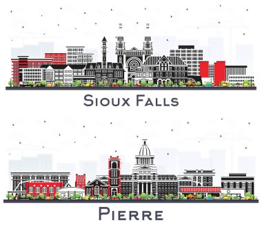 Pierre ve Sioux Falls Güney Dakota City Skyline Set ve Renkli Binalar beyaza izole edilmiş. Şehir simgeleriyle dolu. Modern Mimariyle Seyahat ve Turizm Konsepti.