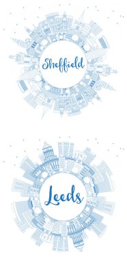 Leeds ve Sheffield UK City Skyline Set ve Blue Buildings ve Copy Space. Şehir simgeleriyle dolu. Tarihi Mimariyle İş Seyahati ve Turizm Konsepti.