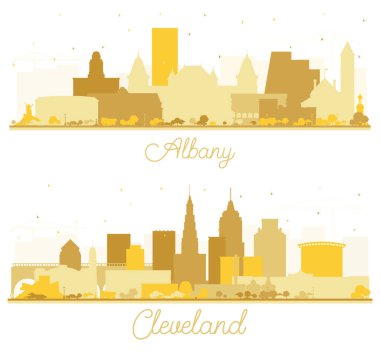 Cleveland Ohio ve Albany New York City Skyline Silhouette setleri ve White 'da izole edilmiş Altın Binalar. Yer İmlerine sahip şehir manzarası.