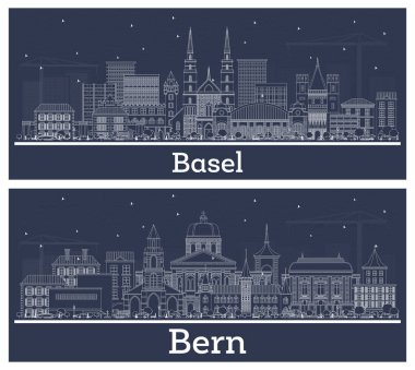 Bern ve Basel İsviçre City Skyline Set ve Beyaz Binalar. Tarih Mimarisi kavramı. Yer İmlerine sahip şehir manzarası.
