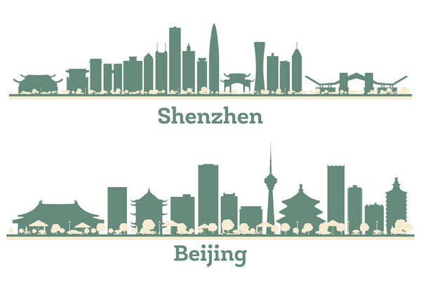 Abstract Beijing and Shenzhen China City Skyline set with Color Buildings. Business Travel and Tourism Concept with Modern Architecture.