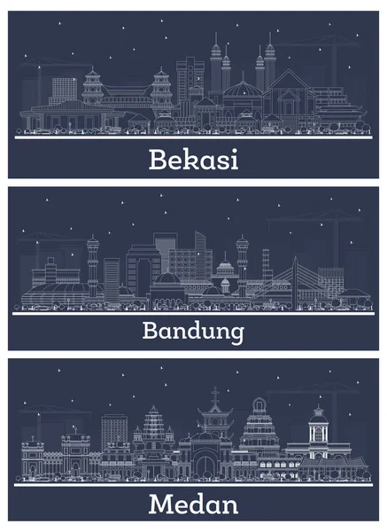 Outline Bandung Medan Bekasi Indonesia City Skyline Set White Buildings — Stock Photo, Image