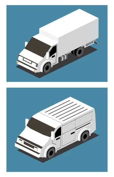 Isometric Commercial Vehicle. White Van and Cargo Truck. Commercial Transport. Logistics. 3D City Object for Infographics. Car for Carriage and Delivery of Goods. Front View. Lorry Mock-up Template.