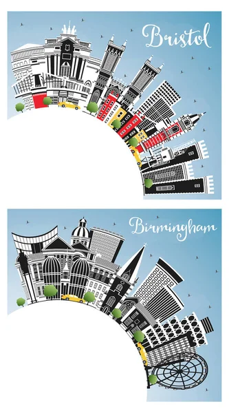Birmingham Bristol City Skyline Set Color Buildings Blue Sky Copy — Stock Photo, Image