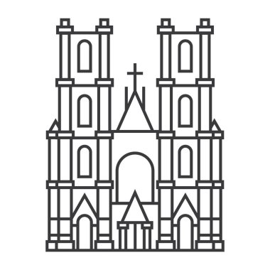 Katedral binası ana hatları simgesi. Doğrusal imzalayın. Hıristiyan kilisesi. Vektör illüstrasyonu.