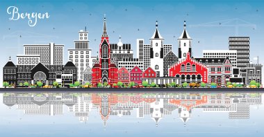 Bergen Norveççesi Renkli Binalar, Mavi Gök ve Yansımalar ile Skyline. Vektör İllüstrasyonu. Tarihi Simgeli Bergen Şehri. Tarihi Mimariyle İş Seyahati ve Turizm Konsepti.