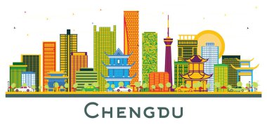 Chengdu Çin şehrinin Skyline 'ı. Renkli binalar beyaza izole edilmiş. Vektör İllüstrasyonu. Modern Mimariyle İş Seyahatleri ve Turizm Konsepti. Tarihi Simgeli Chengdu Şehri.