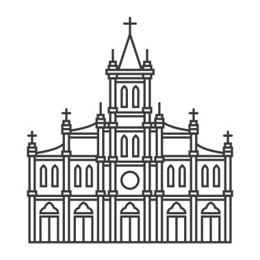 Katedral binası ana hatları simgesi. Doğrusal imzalayın. Hıristiyan kilisesi. Vektör illüstrasyonu.