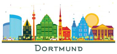 Dortmund Almanya şehir manzarası ile renk üzerine beyaz izole binalar. Vektör çizim. İş seyahat ve Turizm kavramı tarihi mimarisi ile. Dortmund Cityscape yerler ile.