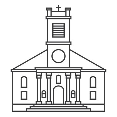 Katedral binası ana hatları simgesi. Doğrusal imzalayın. Hıristiyan kilisesi. Vektör illüstrasyonu.