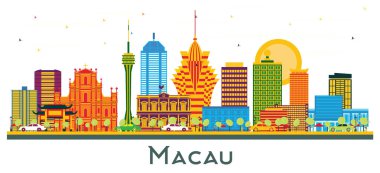 Macau China City Skyline ve beyaz renkli binalar. Vektör İllüstrasyonu. Modern Mimariyle İş Seyahatleri ve Turizm Konsepti. Tarihi Simgeli Macau Şehir Manzarası.