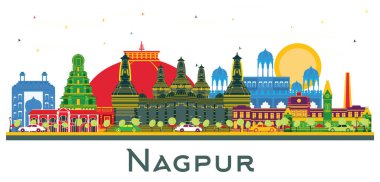 Nagpur India City Skyline ve renkli binalar beyaza izole edilmiş. Vektör İllüstrasyonu. Tarihi Mimariyle İş Seyahati ve Turizm Konsepti. Tarihi Simgeli Nagpur Şehir Manzarası.