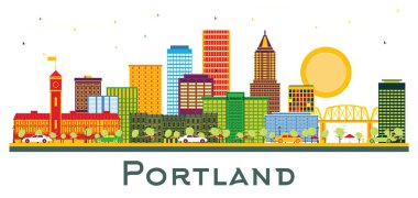 Portland Oregon City Skyline Renk Binaları beyaza izole edilmiş. Vektör İllüstrasyonu. Modern Mimariyle İş Seyahatleri ve Turizm Konsepti. Tarihi Simgeli Portland Şehri.