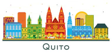 Quito Ekvador City Skyline Renk Binaları beyaza izole edilmiş. Vektör İllüstrasyonu. Tarihi Mimariyle İş Seyahati ve Turizm Konsepti. Tarihi Simgelere sahip sessiz şehir manzarası.