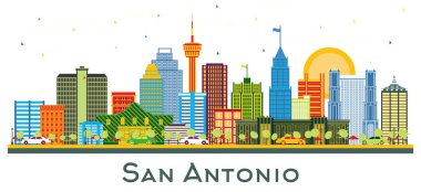 Beyaz renkli binalarla izole edilmiş San Antonio Teksas şehri Skyline. Vektör İllüstrasyonu. Modern Mimariyle İş Seyahatleri ve Turizm Konsepti. Tarihi Eserleri Olan San Antonio Şehri.