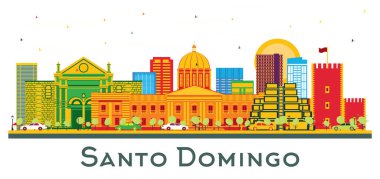 Santo Domingo Dominik Cumhuriyeti. Renk Binaları beyaza izole edilmiş. Vektör İllüstrasyonu. Modern Mimariyle Turizm Konsepti. Tarihi işaretli Santo Domingo Şehir Manzarası.