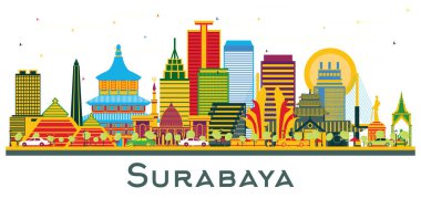 Surabaya Endonezya Skyline ve beyaz renkli binalar. Vektör İllüstrasyonu. Modern Mimariyle İş Seyahatleri ve Turizm Konsepti. Simgeli Surabaya Şehir Manzarası.