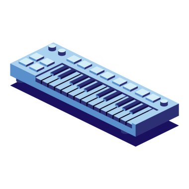 Isometric klavye müzik aleti. Elektrik sentezleyicisi beyaz arkaplanda izole edildi. 3D tasarım elemanı. Vektör illüstrasyonu.